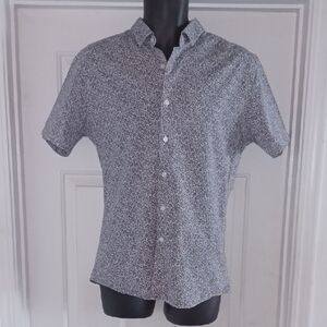 Topman Blue and White Leaf Print Casual Slim-Fit Shirt, L
